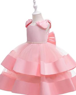 Baby Pink Multi Layers Shoulders Bow Frock