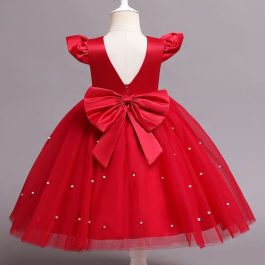 Red Short Sleeves Pearls Baby Frock