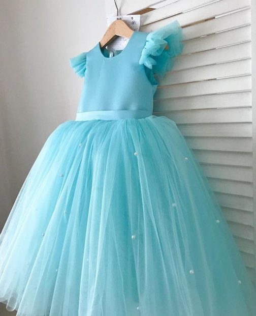 Baby Sky Blue Short Sleeves Pearl Maxi