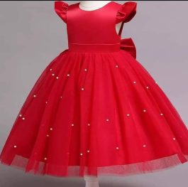 Red Short Sleeves Pearls Baby Frock