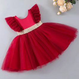 Red Silver Belt Baby Frock